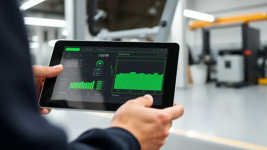 Technician reviewing EV battery diagnostics on a tablet in a service center