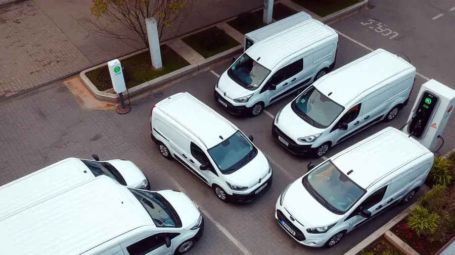 Overhead view of electric delivery vans charging at a commercial depot