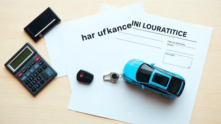 Insurance documents, calculator and electric car key on a wooden desk